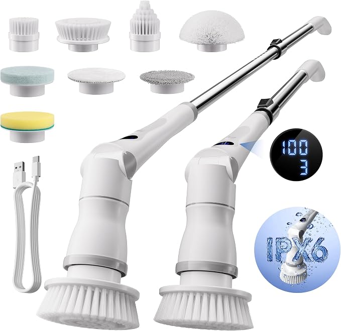 JOYMOOP Electric Spin Scrubber, 450 RPM Cordless Cleaning Brush with Power LCD Display, 9 Brush Heads Waterproof Power Scrubber with 90-Min Runtime, Adjustable Long Handle for Bathtub, Floor, Kitchen