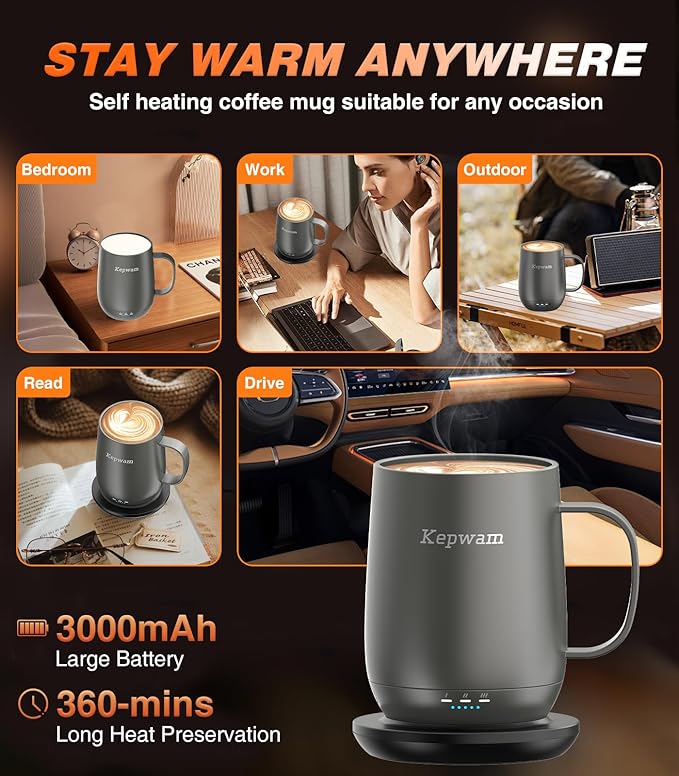 Kepwam Heated Coffee Mug Rechargeable T2, 16oz Smart Temperature Control, Up to 149℉, 150 Min Battery Life, Great Gift for Dad Mom