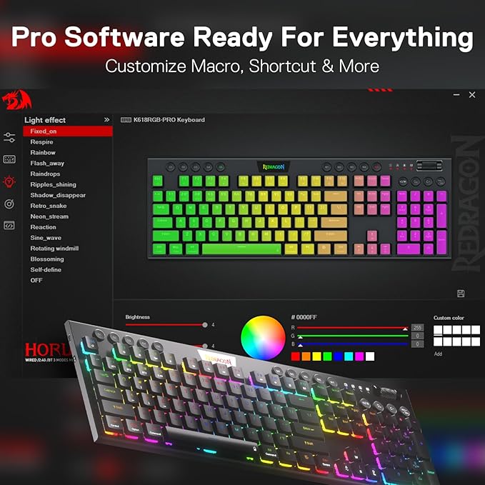 Redragon K618 PRO 3-Mode Wireless RGB Mechanical Keyboard, BT/2.4Ghz/Wired Low Profile Win/Mac Gaming Keyboard w/Ultra-Thin Design, Dedicated Media Control & Tactile Blue Switch