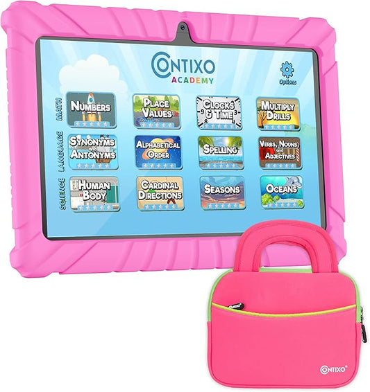 Contixo 7 inch Kids Tablet - V8 Tablet for Kids and Sleeve Bag Bundle, Age 3-7, Learning Tablet for Children with Teacher's Approved Apps, 32GB, Android 11, Parental Controls - Pink (Girls)