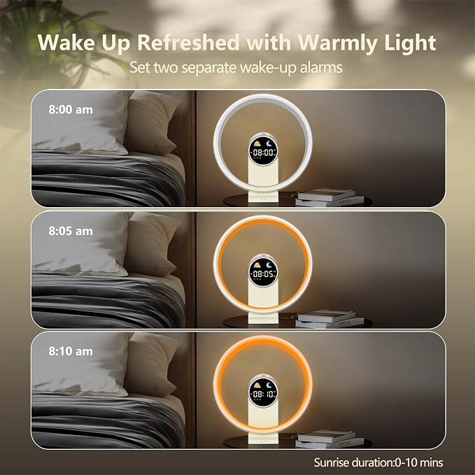 Table Lamp Sunrise Alarm Clocks for Heavy Sleepers for Bedrooms, White Noise Sound Machine Adults, Bluetooth Digital Dual Alarm Clock with USB Port, Timer, Dimmer, Room Decor