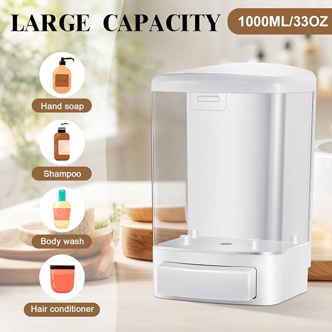 Hushee 8 Pcs Plastic Wall Mounted Soap Dispenser Commercial Manual Soap Containers Wall Dispenser for Kitchen Shower Hotel Liquid Shampoo Gel Chamber (33.8 oz 1000 ml,White)