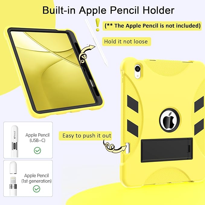 Rantice Military-Grade Tested Case for iPad (A16) 11th/10th Generation(2025/2022), Heavy Duty Shockproof Protective iPad Case with Kickstand & Pencil Holder & Child-Safe Design, Yellow+Black