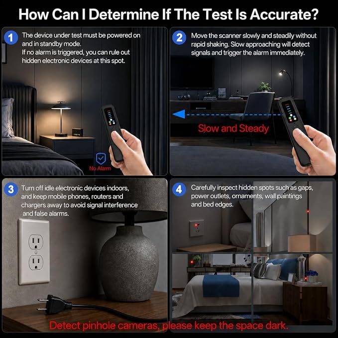 Hidden Camera Detector LED Display Silent Mode Travel Hotels Car | 6 detection modes, spy camera finder, 25H battery, GPS tracker and listening device detector, 5-Level Sensitivity, Compact