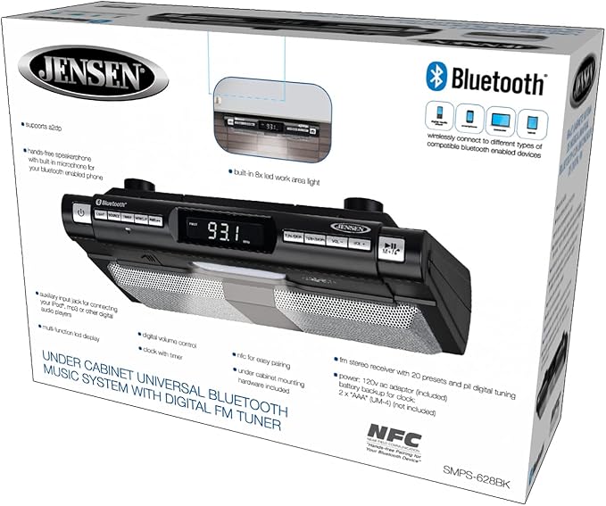 Jensen Modern Wireless Under Cabinet Kitchen Universal Bluetooth Music System, FM Radio, Clock LCD Digital Display , Built-in Hands-free Mic & Speakers (Includes Mounting Hardware)