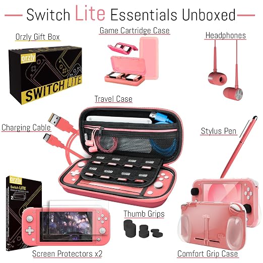 Orzly Accessories Bundle Compatible for use with Nintendo Switch Lite - Protective Case & Screen Protector, USB Cable, Games Holder, Grip Case, Headphones, Thumb-Grip Pack & More (Coral)