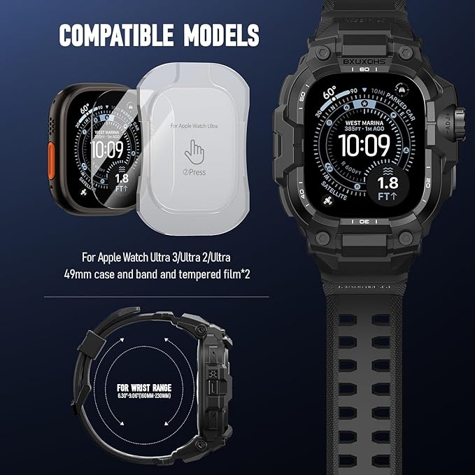 BXUXOHS Rugged Case and Band for Apple Watch Ultra 3/2/1 49mm Men, Military Grade Shockproof Bumper Cover, with 2 Pack Screen Protector, Tactical Band Case for iWatch Ultra 3 2 1 Man, Black