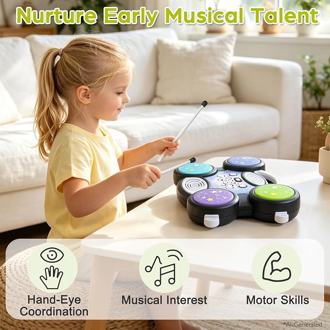 Sealive Baby Drum Set for 1 Year Old, Toy Drums for Toddlers 1-3 | with Lights, 2 Drumsticks, Adjustable Volume and Tempo, Baby Drum Toy for Sensory Music Play, Birthday Gift for Boys Girls