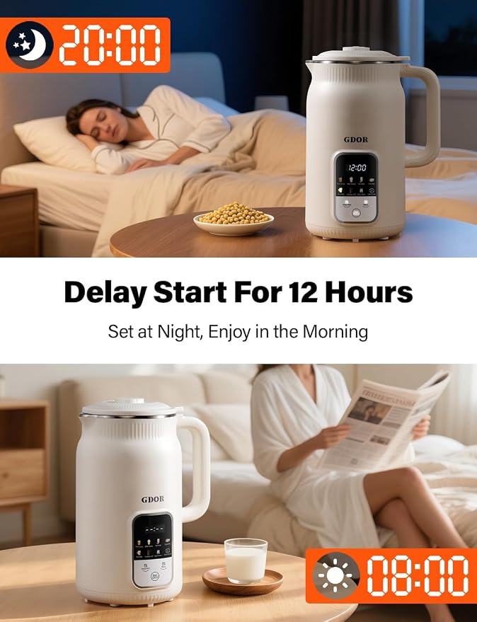 GDOR 35oz Nut Milk Maker, 9-in-1 Automatic Plant Milk Machine for Almond, Oat & Soy, Smoothies & Juice, 12 Stainless Steel Blades, Keep Warm, 12H Delay & Self-Clean