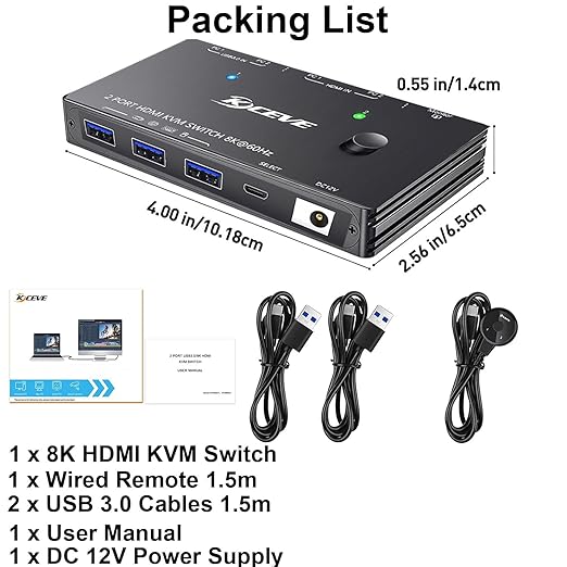 KCEVE KVM Switch 2 Computers 1 Monitor HDMI 2.1, USB 3.0 KVM Switch 2 PC 1 Monitor 8K@60Hz 4K@120Hz,HDCP 2.3 Share 3 USB3.0 Devices, Wired Remote(8K HDMI 2 in 1 Out KVM)