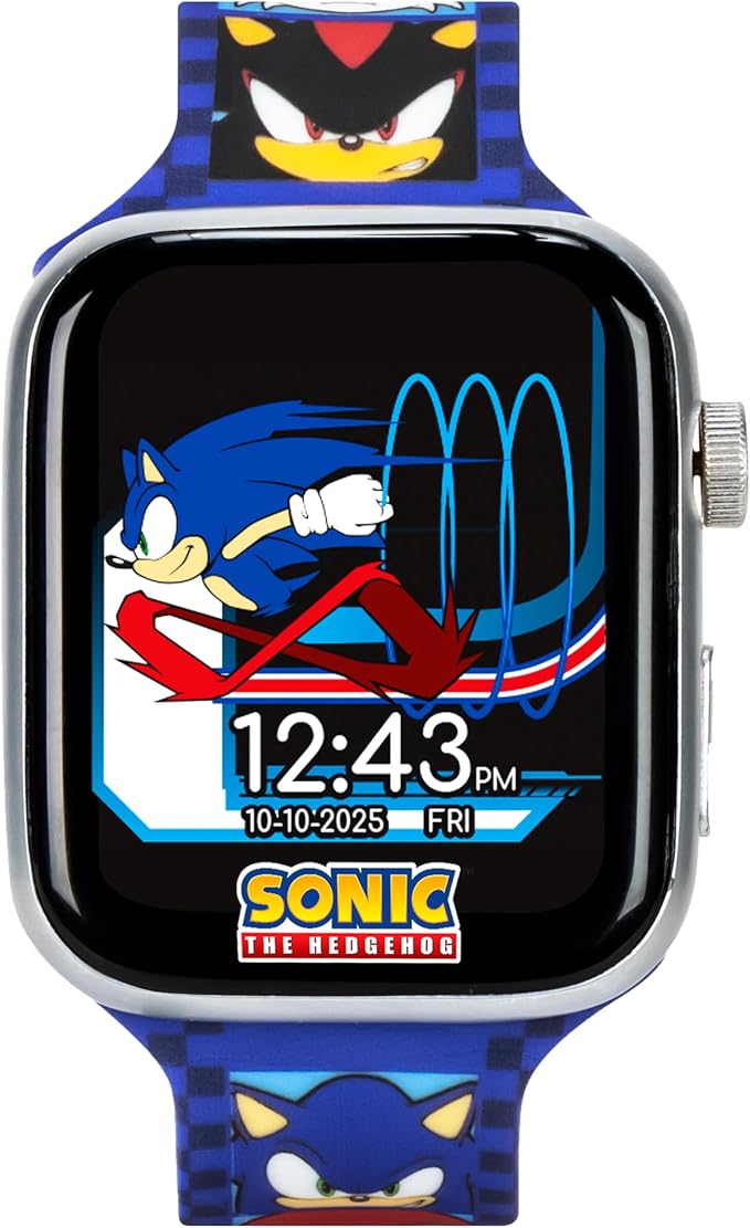 Sonic The Hedgehog Kids Smartwatch – Bluetooth Calling, Messages, Camera, Music, Sleep Tracker, Fitness & Activity Apps – 6 Watch Faces, Touchscreen, USB Rechargeable – Fits Wrists 5.5" to 8"