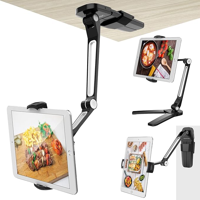 AboveTEK iPad Wall Mount, 3 in 1 Highflex 360° Under Cabinet iPads Mount for Kitchen, Tablet Celling Under Counter Holder, Kitchen Tablet Mount Fits 4.7" to 13.5" iPad, mini, Air, Surface Pro - Black
