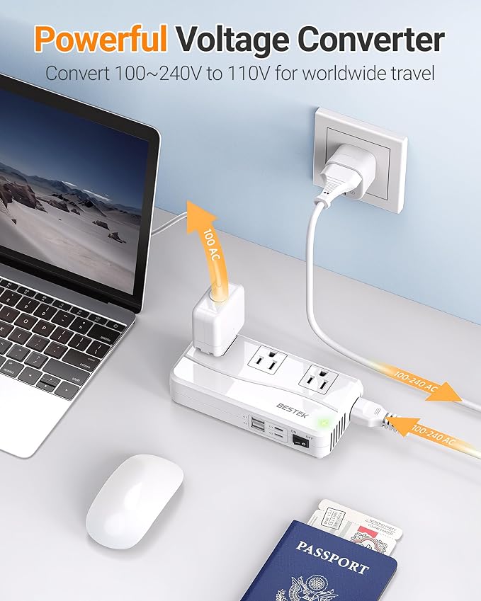BESTEK 220V to 110V Voltage Converter, 300W Step Down Power Converter with 3 AC Outlets & 4 USB Ports(PD20W), International Travel Voltage Transformer for US Appliances, UK/EU/AU/India Plug Adapters