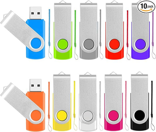 USB Drive 32GB Bulk Thumb Drives 10 Pack, Metal Swivel Memory Stick Jump Drives with LED Indicator, Mixed Color Memoria USB Stick Zip Drive Pendrive Data Storage and Backup Flashdrive for Computer