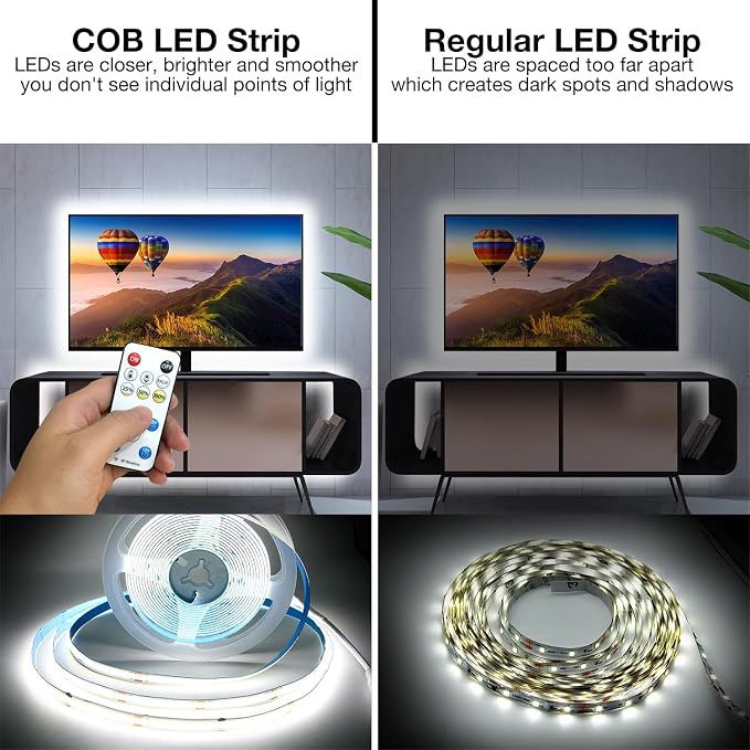 DAYBETTER COB LED Strip Light,LED Lights for Bedroom 16.4ft,Daylight White 6500K Dotless LED Light Strip,1600 LEDs Super Bright Dimmable 24V Flexible Tape Lights with Remote,Kitchen,Cabinets Lighting