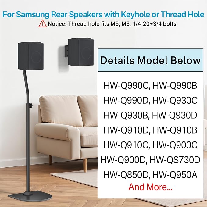 Speaker Stands Pair for Samsung HW-Q990F/Q990H/Q990C/Q990D Rear Speaker Stand with Wall Mount - Height Adjustable Speaker Floor Stands for Q Series Samsung Speaker Stands Pair with Keyhole&Thread Hole