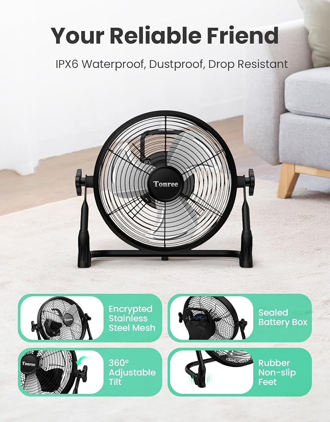 10" Portable Battery Operated Floor Fan, Cordless Rechargeable Fan, Hi-Velocity Wireless Fan, USB Phone Charge, 12-60H Runtime, Quiet, For Camping Tent Home Gym Shed Outdoor Garage Barn Travel