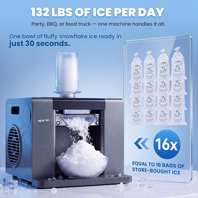 NEWTRY Snowflake Ice Machine 280W Shaved Ice Machine Automatic Snow Cone Maker Air Cooling Efficient Ice Crushing for Party Bar Home 110V (Black)