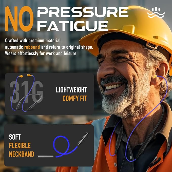MIPEACE Bluetooth Earplug Headphones, Neckband Ear Protection Work earbuds-29db Noise Reduction Safety Headphones with Replacement Buds,19+Hour Battery for Lawn Mowing DIY(Blue)