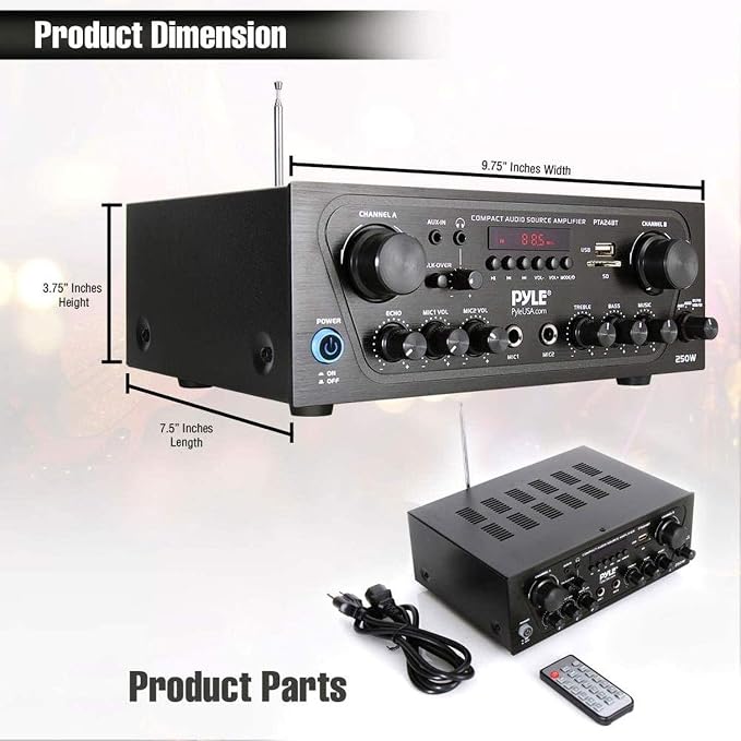 Pyle 2-Channel Bluetooth Home Stereo Amplifier - 250W Wireless Audio Receiver, Karaoke Optimized: Dual Mic In with Echo, Mic Talk-Over, FM Radio, USB-A MP3 Player, RCA, AUX, Remote Ctrl - PTA24BT