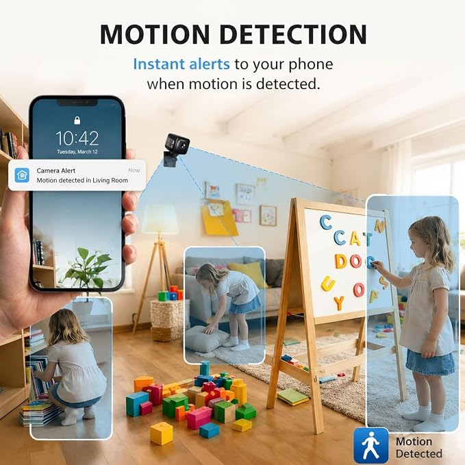Mini Security Camera, 1080p HD Wireless Indoor Cam with 6-Hour Battery & No WiFi Needed for Recording, AI Motion Detection Night Vision for Home, Baby, Pet, Office Monitoring, Black (NOT 4G LTE)