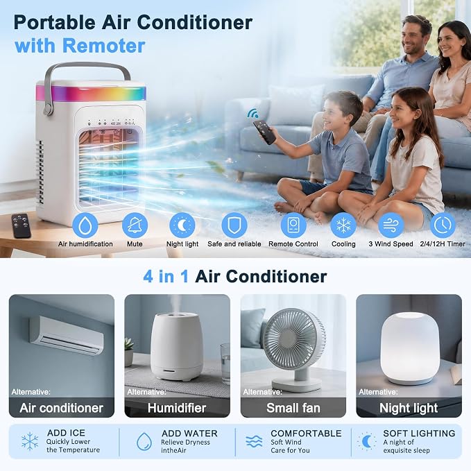 2026 New 4-in-1 Portable Air Conditioner, Sound ≤30dB Mini AC Unit, 12H Runtime, 1000ML Evaporative Air Cooler, 3 Speed & 2 Mist, Remote, USB, Timer, 7-Color LED for Bedroom Office Car - 1 PCS