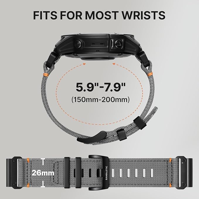 Bandletic Quick Fit 26mm Nylon Bands Compatible with Garmin Fenix 8 Pro 51mm/7X pro/7X/6X Pro/6X/5X/Plus Band - Sports Nylon Strap Replacement for Instinct 2X Solar 3 50mm /Enduro/Quatix Smartwatches