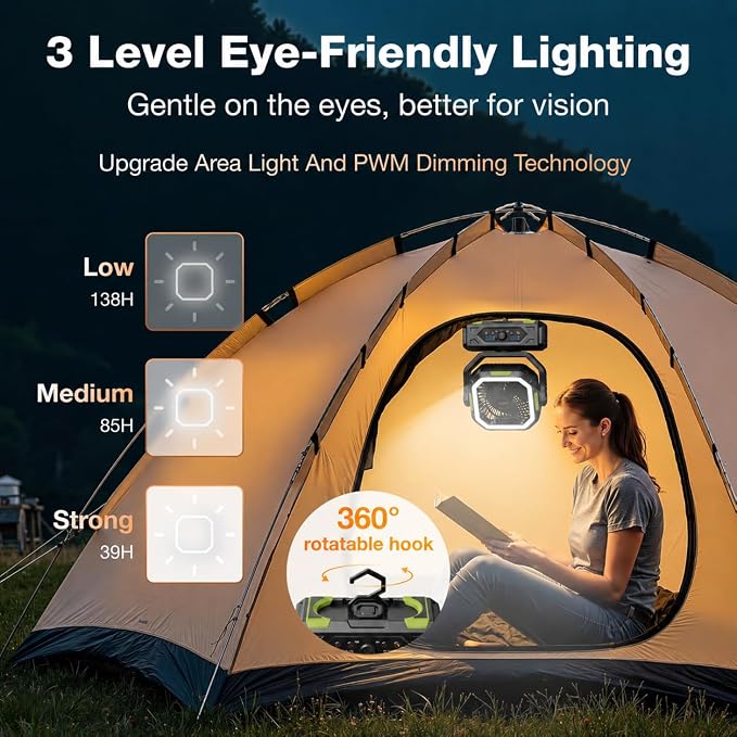 OGERY Camping Fan, Portable Fan Rechargeable with 20000mAh Battery, Stepless Speed Control, Fast Charging, Remote & LED Lantern for Tent, Travel, Car Camping, Camping Essentials