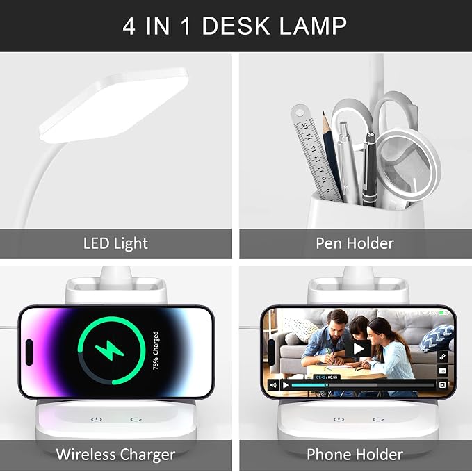 Desk Lamp with Wireless Charger - LED Desk Lamps for Home Office with Pen Holder, 800LM, 3 Color Modes, Flexible Arm, Eye-Caring White Table Lamps for Home College Dorm Room