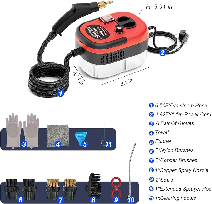 Portable High-Pressure Handheld Steam Cleaner, 14-Piece Accessories, 6 Steam Levels, 15s Heat-Up,chemical-free Cleaning Tile, Grout, Dirt, Grease & Car Detailing (black＆Red)
