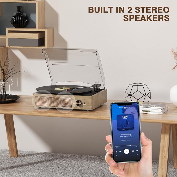 Bluetooth Vinyl Record Player,3-Speed Turntable with Stereo Speakers Vintage Phonograph Record Player, with RCA Line Out AUX in Headphone Jack Grey Wood