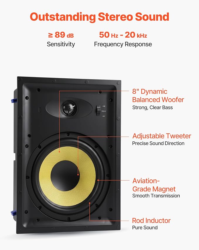 VEVOR in-Wall Speakers, 8", in Wall Speaker System with Paintable Grille, Hi-Fi Sound, 200W Peak, 2-Way Rectangular Speakers, for Damp Humid Indoor Placement, Bath, Kitchen, Covered Porches, 1 Pair