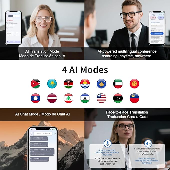 AI Smart Glasses Powered By GPT, Support 165+ Languages Real-Time Translation, Speakers & Audio Call Translator, AI Object Recognition, Noise Reduction, Smart Bluetooth Glasses for Men & Women(Black)