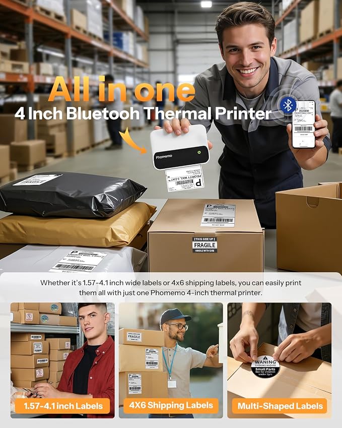 Phomemo Potable 4x6 Shipping Label Printer with 500PCS Fan-Fold 4x6 Thermal Direct Shipping Labels