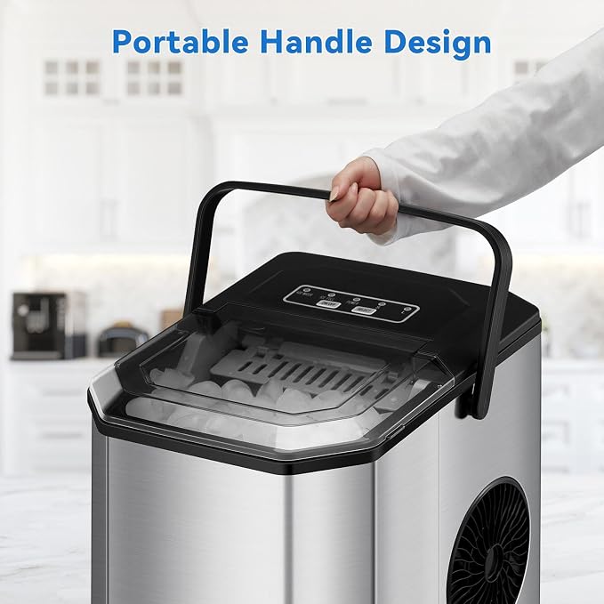 Countertop Ice Maker 26Lbs/24Hours Portable Small Ice Machine Stainless Steel Bullet Ice Machine with Scoop, Low Noise, Compact, Self-Cleaning Mini Ice Maker for Kitchen Office Camping Party