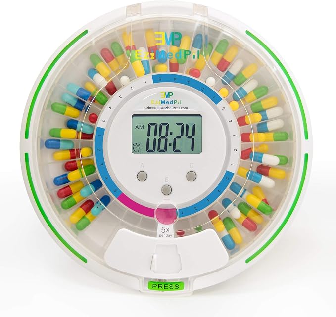 EziMedPil Automatic Pill Dispenser with Alarm for the Elderly | 28-Day Clear Lid & LCD Display Monitoring Pill Organizer with Sound-Light Reminders, 6 Daily Alarms & Lock Design for Pills