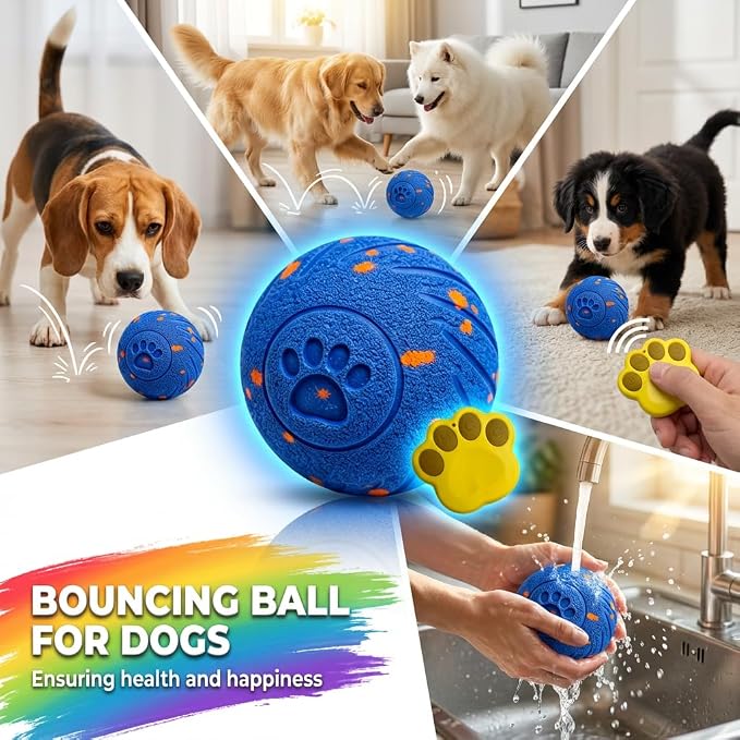 TEYYVN Interactive Dog Toys Dog Ball – Smart Moving Bouncing Dogs Ball, E-TPU Smart Dog Ball with Remote Control, Automatic Rolling Dog Toy for Small Medium Dogs for Indoor/Outdoor Use （Blue）