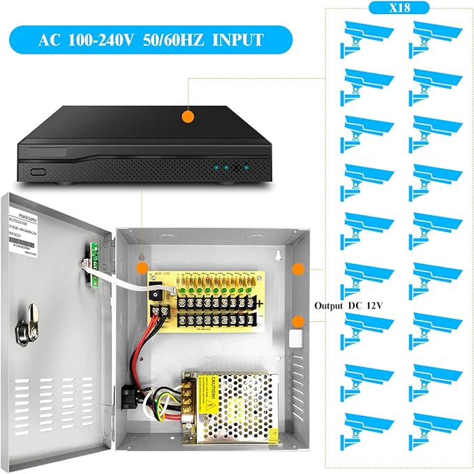 9 Channel 12 Volt DC Output 5A CCTV Distributed Power Supply Box for Security Camera with AC Plug and Lock for Security Cameras, DVRs, CCTV Power Supply (5A 9-Channel)