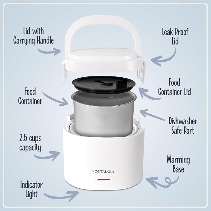 Nostalgia Portable Heated Lunch Box – 2.5-Cup Stainless Steel Food Warmer – Detachable Cord, Leak-Proof Lid, Carry Handle – Portable for Work & Travel – Frosted White