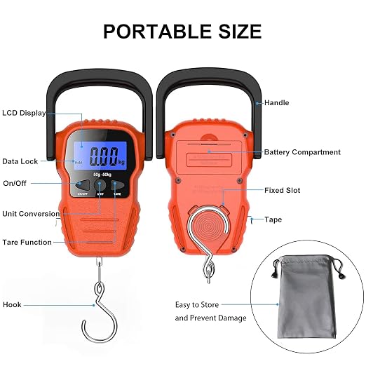 Luggage Scale,Fish Scale with Backlit LCD Display,110 lb/ 50KG Digital Portable Hanging Scale with Measuring Tape for Home Yellow