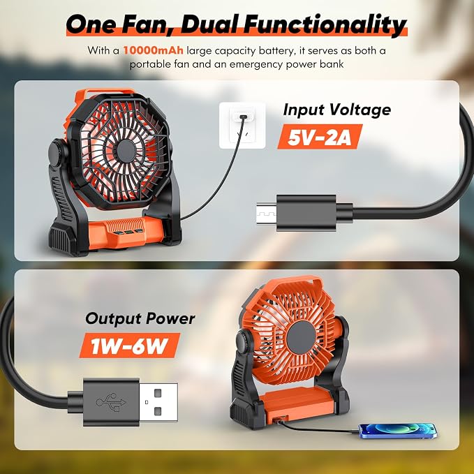 MATULSA Portable Rechargeable Camping Fan, 10-Inch Battery Operated Fan, Quiet Table Fan with LED Lights, 4 Fan Speeds and 125°Rotation, Rechargeable Beach fan for Travel, Fishing, Picnic, Orange