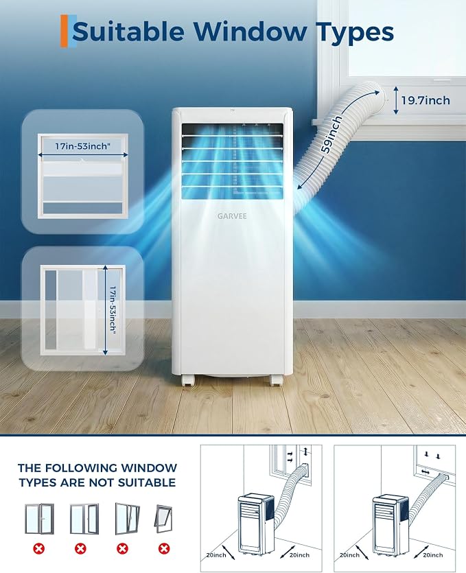 Garvee Portable Air Conditioner 8000 BTUs, 3 in 1 Dehumidifier, Fan, Cool for 350 Sq.Ft. Rooms, Portable AC with Remote Control/LED Display/Installation Kits/Timer/Sleep Mode,Black