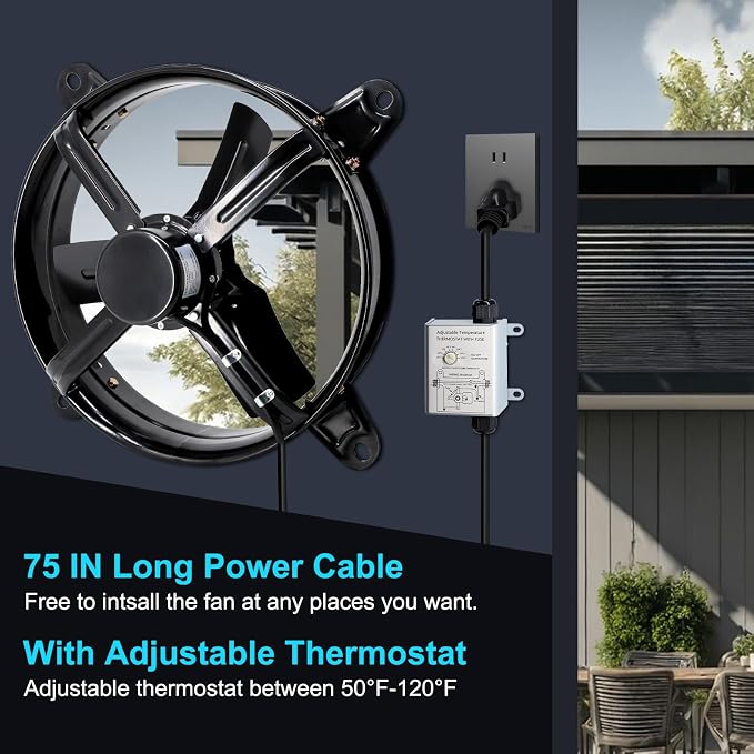 Criditpid 14" Gable Mount Vent Attic Fan, Exhaust Ventilation Fan with Adjustable Thermostat for Gable, Home, Shed, Garage, Portable Building, 1510RPM, 1239CFM, 1850 sq.ft Coverage Area.