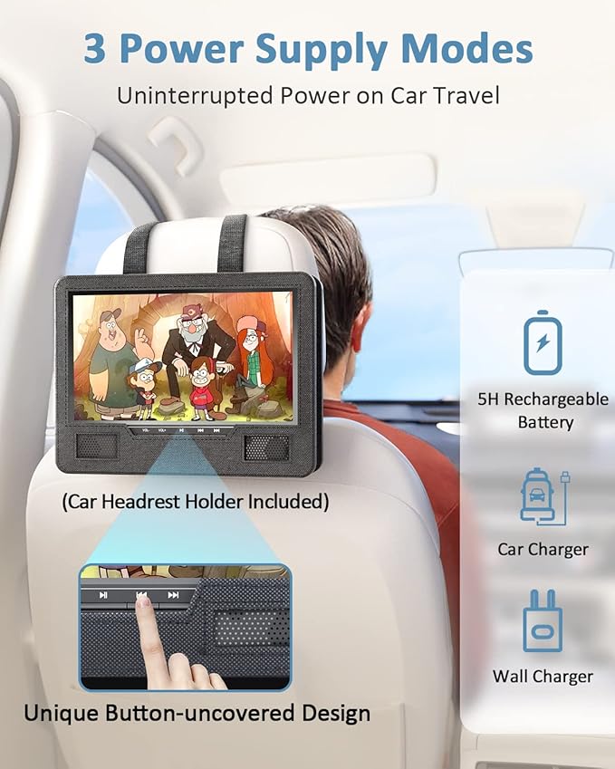 Arafuna 12.5" Portable DVD Player for Car, 10.5" HD Swivel Screen with Car Headrest Holder, 5-Hour Rechargeable, Support USB/SD/Sync TV, Regions Free, Last Memory