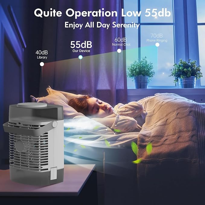 Portable Air Conditioner, Personal Evaporative Air Cooler with Dual Tank, 2 Mist Modes, 3 Wind Speed, USB Powered Desk Cooling Fan with 7-Color Mood Lighting for Office/Bedroom