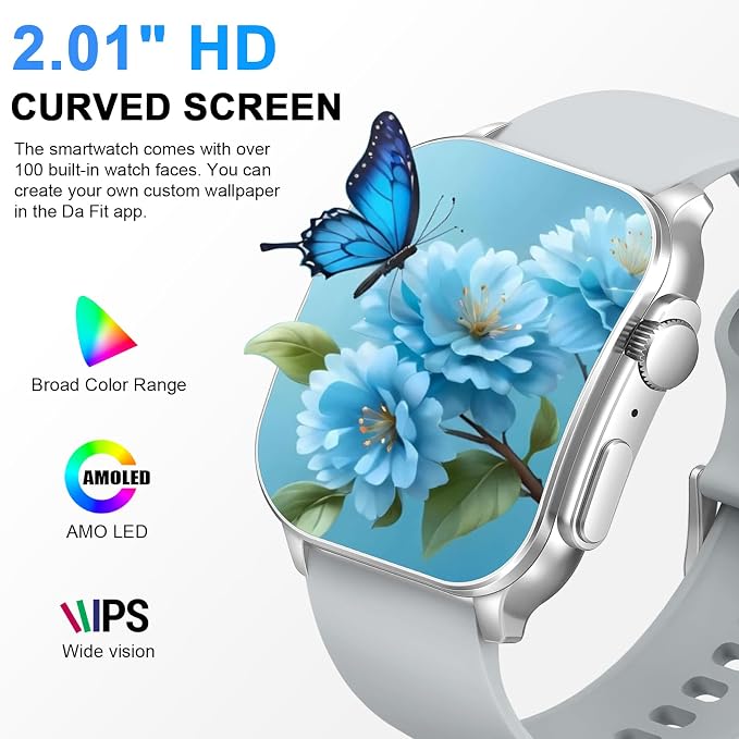 Smart Watch, 2.01" AMOLED Curved Touchscreen Fitness Watch for Men Women, IP68 Waterproof, 24/7 Heart Rate/Sleep Monitor, Fitness Tracker with Pedometer, 120+ Sports Modes, Watch for Android iOS Gray