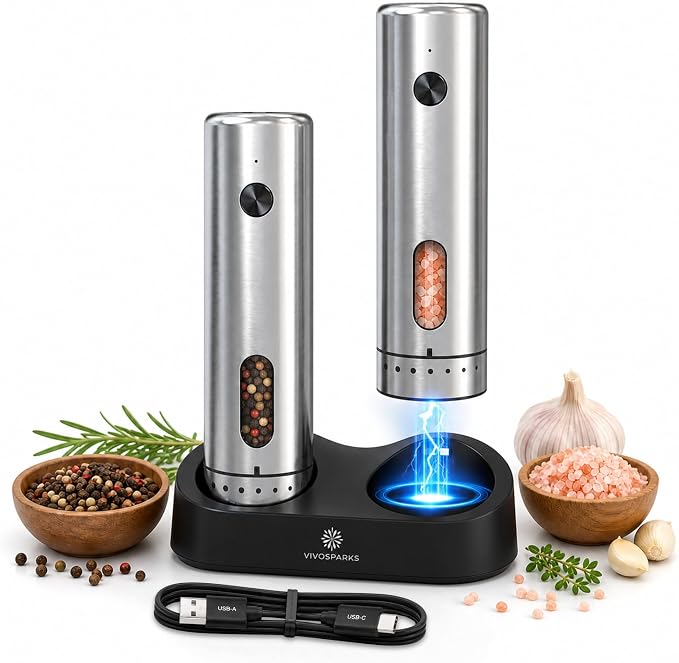 Rechargeable Electric Salt and Pepper Grinder Set of 2 with Charging Base, Automatic One-Hand Pepper Mill, Top-Fill 3.7 oz, 6 Coarseness Levels, Stainless Steel, USB-C with LED