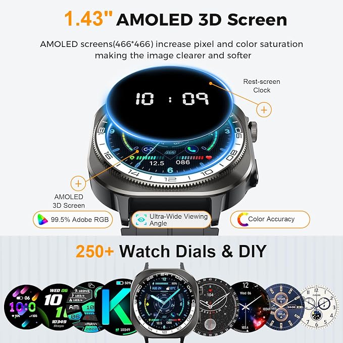 2026 Smart Watch (Answer/Make Call), 1.43" 3D-AMOLED Smartwatch for Men Women, 130+ Sports Fitness Watch, Heart Rate/Sleep Monitor, 60 Days Flashlight, IP68 Waterproof Activity Tracker Android iOS