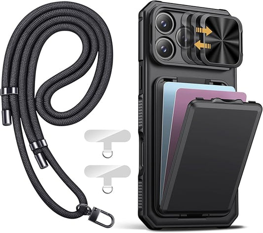 SSLOTSCASE for iPhone 17 Pro Case with Phone Lanyard Crossbody (2X Phone Tabs), Card Holder & Kickstand & Slide Camera Lens Cover & Camera Stand, Rugged Durable Case Cover for iPhone 17 Pro 5G, Black