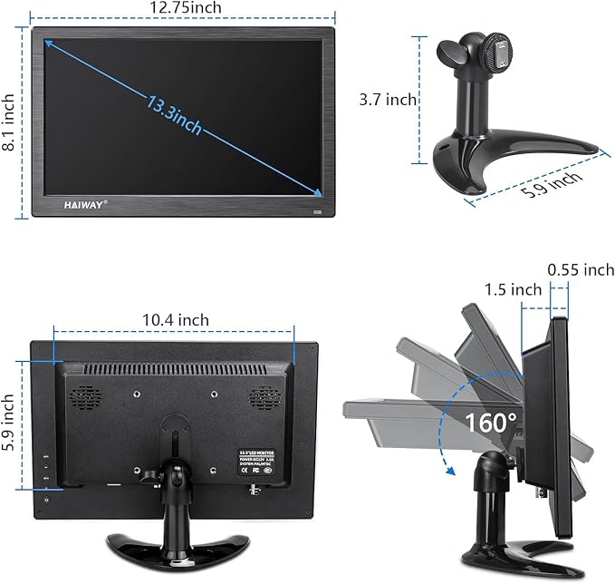 Haiway 13.3 inch Security Monitor, 1366x768 LED Monitor Small HDMI Monitors with Remote Control Built-in Speakers, Mini Monitors HDMI VGA AV BNC USB Input for CCTV Raspberry Pi PC Fire Stick Gaming